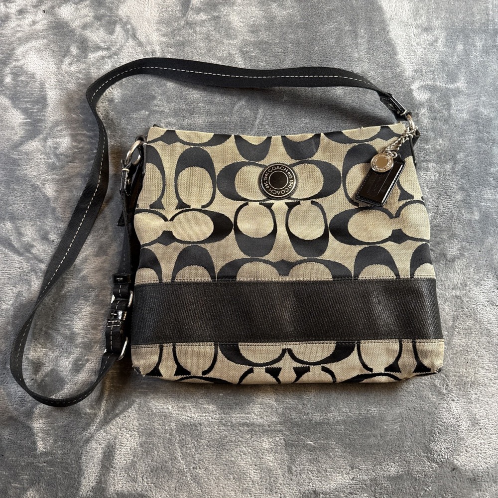 Vintage Coach Black and Gray Signature Canvas Shoulder Bag with Adjustable Strap